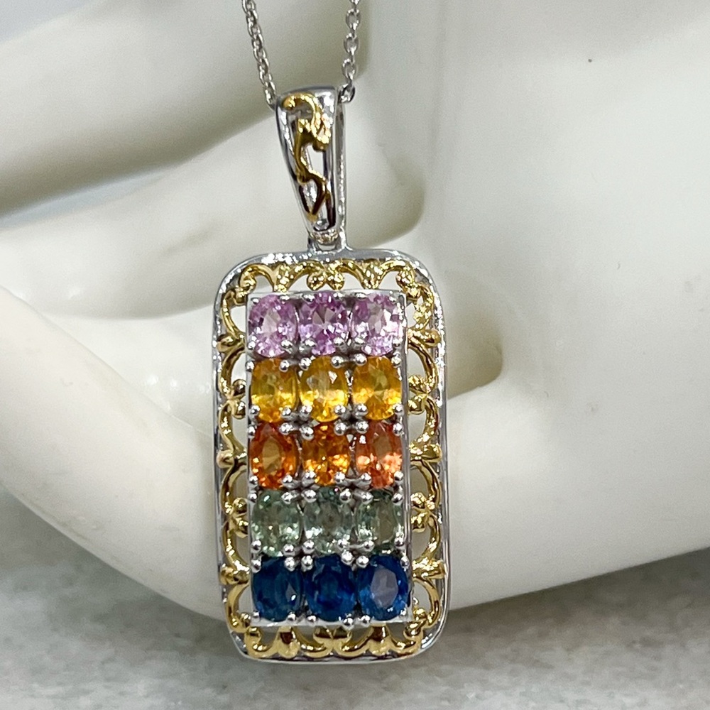 Multi Sapphire 18K Vermeil YG Sterling Silver Pendant 20” Necklace